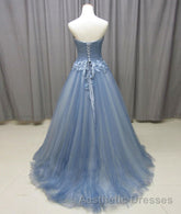 Simple gray blue tulle lace applique long Evening Prom Dresses, tulle evening Dresses